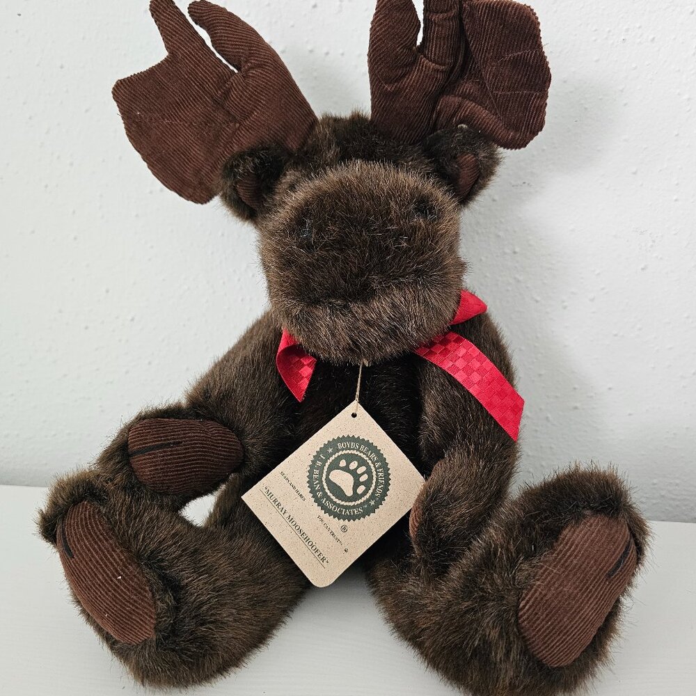 BOYDS BEARS BROWN MOOSE 1985-00 Red Bow Corduroy Antlers Plush Stuffed EUC